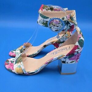 NANETTE LEPORE Thora Floral Ankle Strap Sandal Shoe Multicolor Floral 7.5US‎ EUC